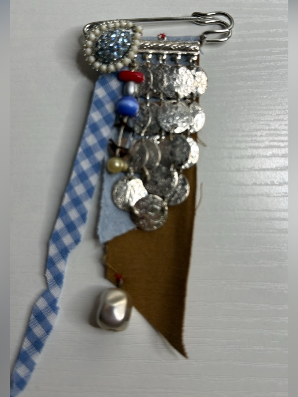 Silver Coin & Blue Ribbon Bohemian Brooch Upcycled Unique Handmade Unisex